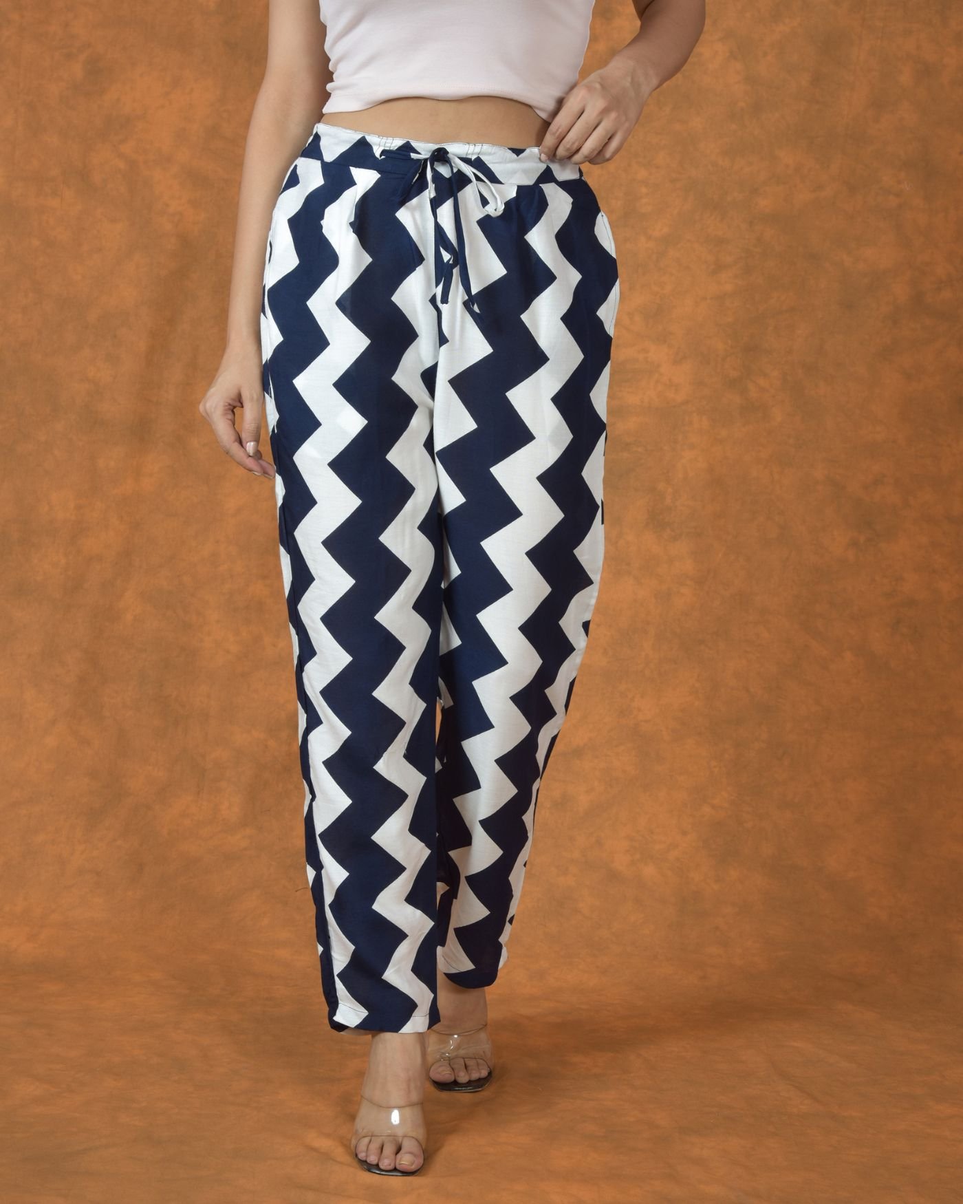 White-navyblue zigzag pattren rayon pant