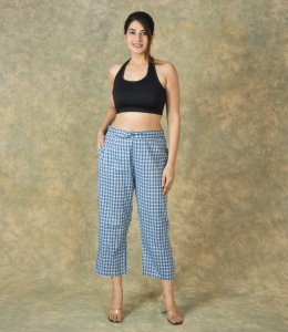 Blue-white check cotton pant