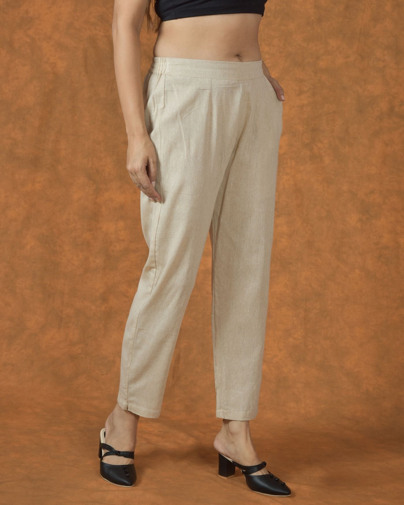 Beige solid cotton pant