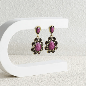 Sterling Magenta-Stone Studded Drop Earings
